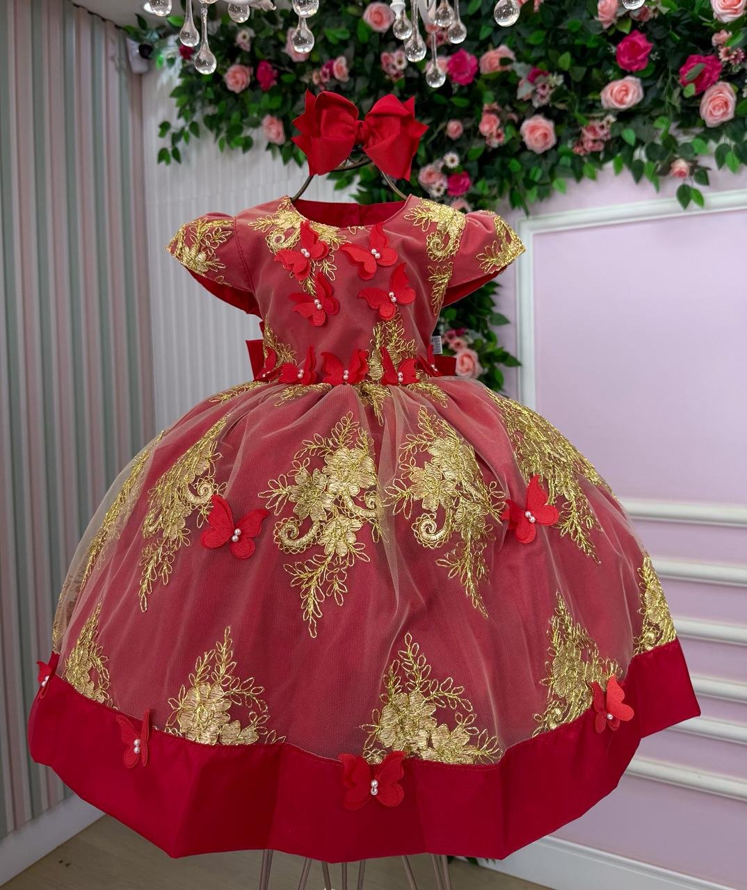 Vestido Marie Marcelina Jardim Encantado Vermelho com Dourad
