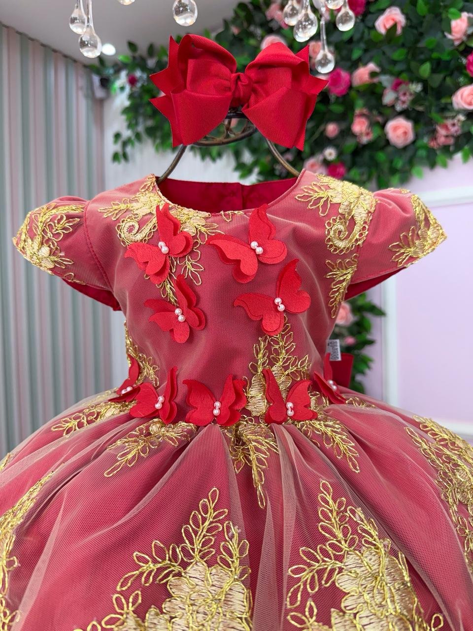 Vestido Marie Marcelina Jardim Encantado Vermelho com Dourad - Imagem 2
