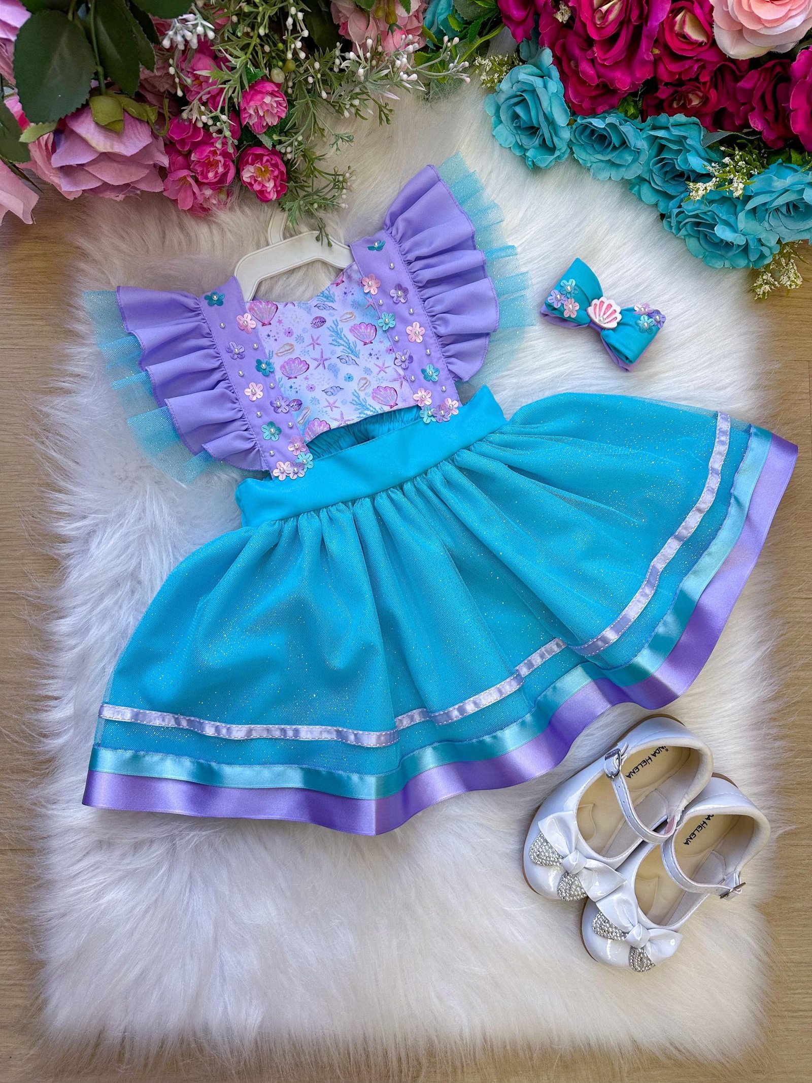 Romper/Vestido Princesa Sereia - Fundo do Mar Lilas e Tiffany