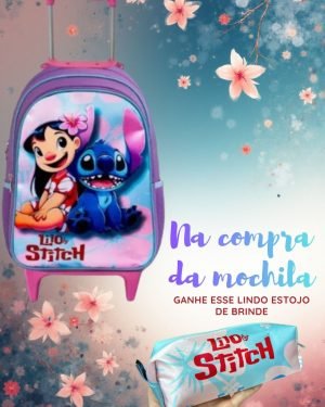 Mochila Rodinhas Lilo e Stitch + Estojo de Brinde