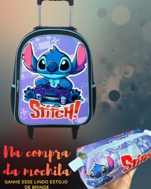 Mochila Rodinhas Stitch Masculino + Estojo de Brinde