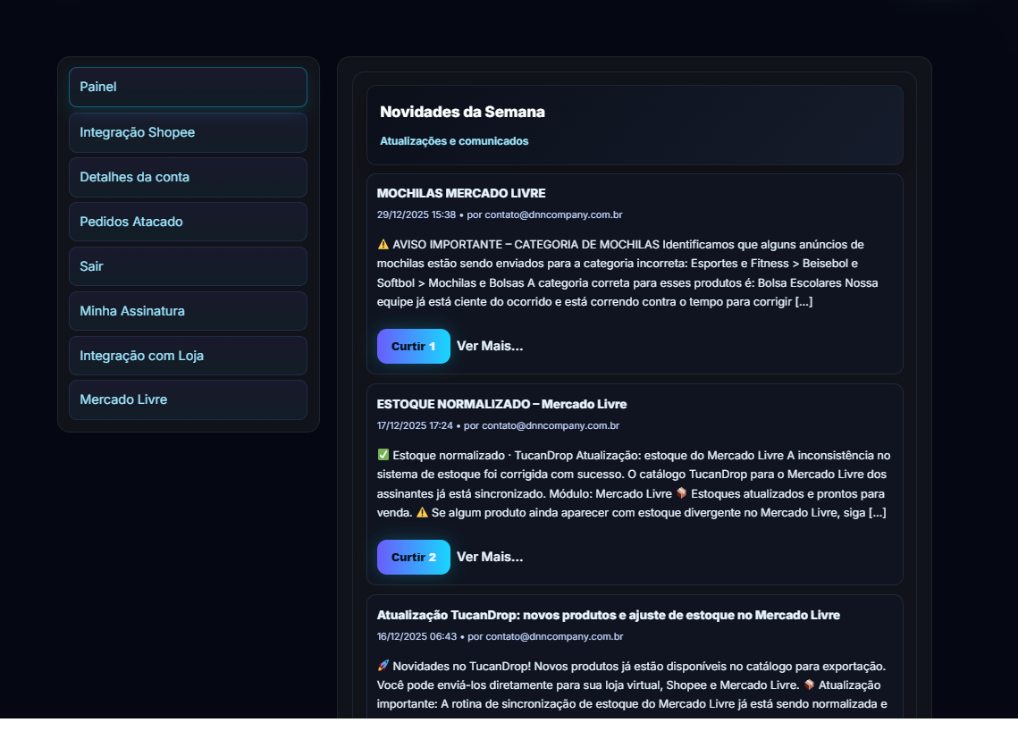 Tela inicial após login no TucanDrop