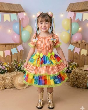 Vestido Junino Banana Club Luxo Quermesse do Sertão Laranja