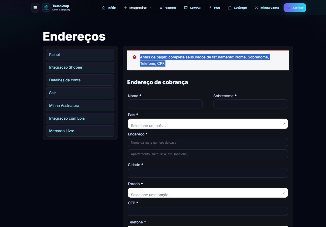 Tela de campos de faturamento para assinatura no TucanDrop