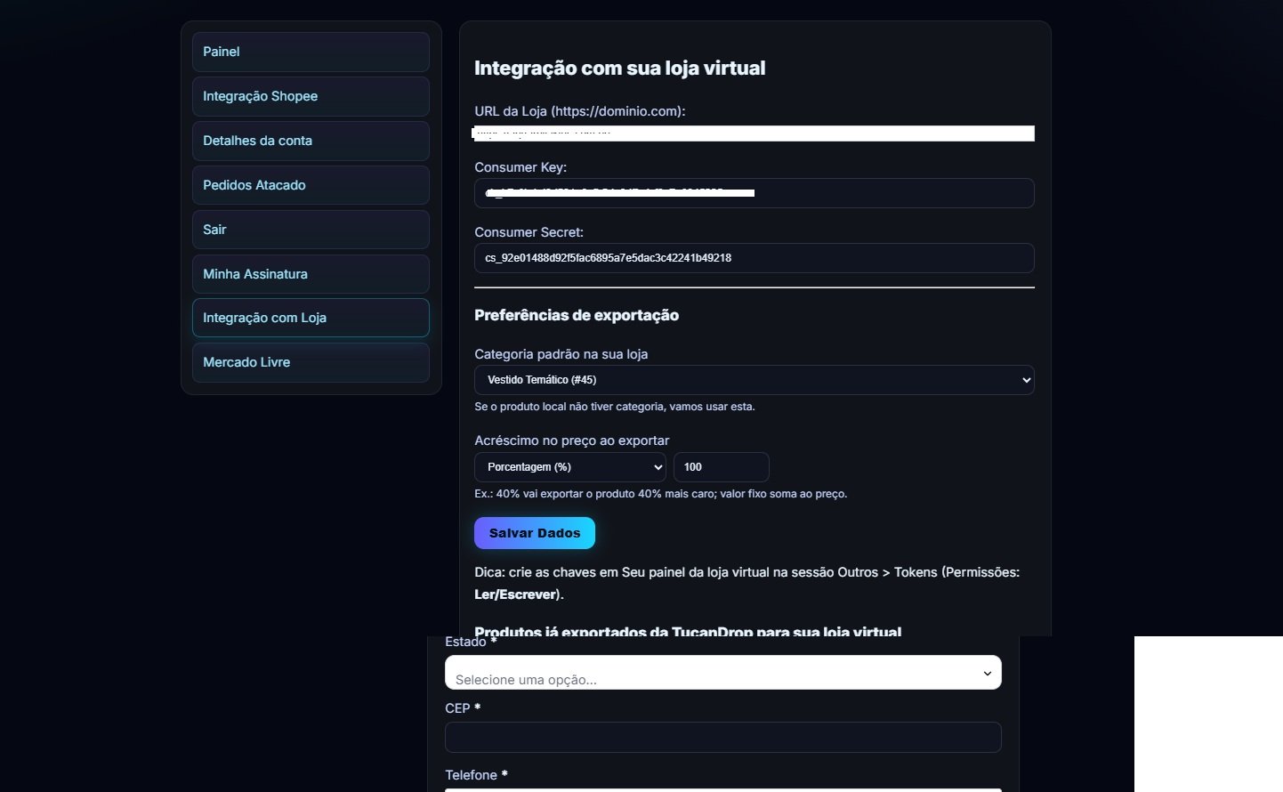 Tela da aba Loja Virtual DNN no TucanDrop