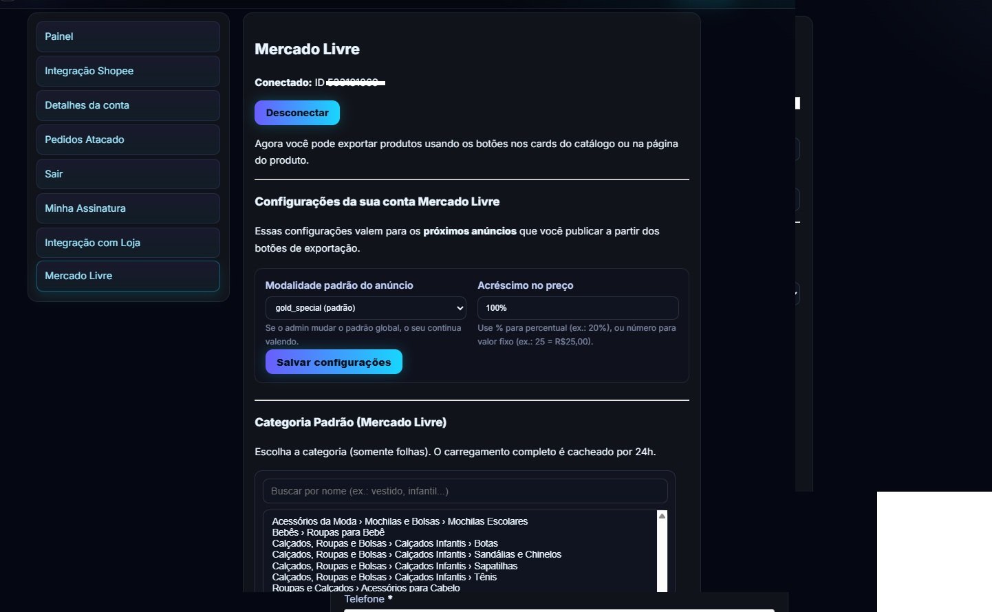 Tela da aba Mercado Livre no TucanDrop