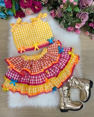Conjunto Junino Banana Club Luxo Sofia Xadrez Amarelo