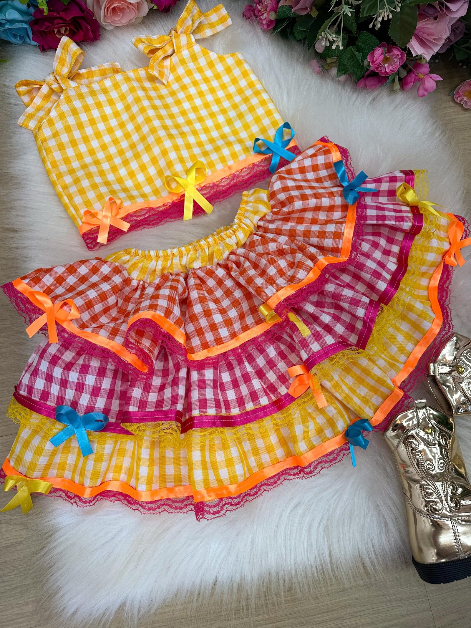 Conjunto Junino Banana Club Luxo Sofia Xadrez Amarelo - Imagem 3