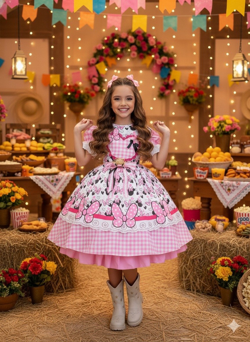 Vestido Junino Tematico Luxo Minnie/Minei Rosa - Imagem 2