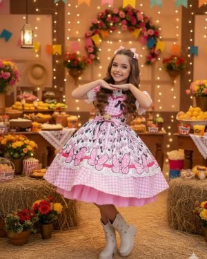 Vestido Junino Tematico Luxo Minnie/Minei Rosa