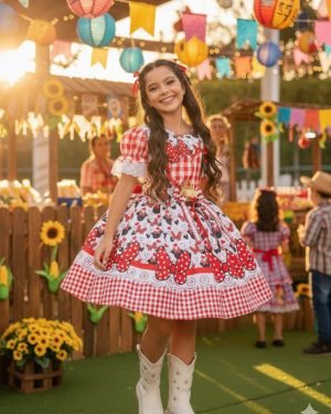 Vestido Junino Tematico Luxo Minnie/Minei Vermelho