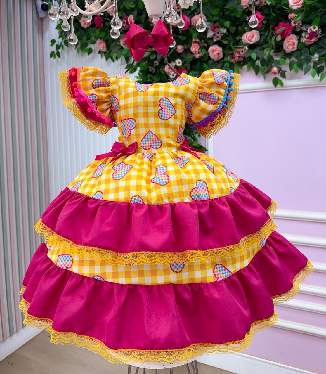 Vestido Junino Banana Club Luxo Coração Junino Amarelo - Imagem 5