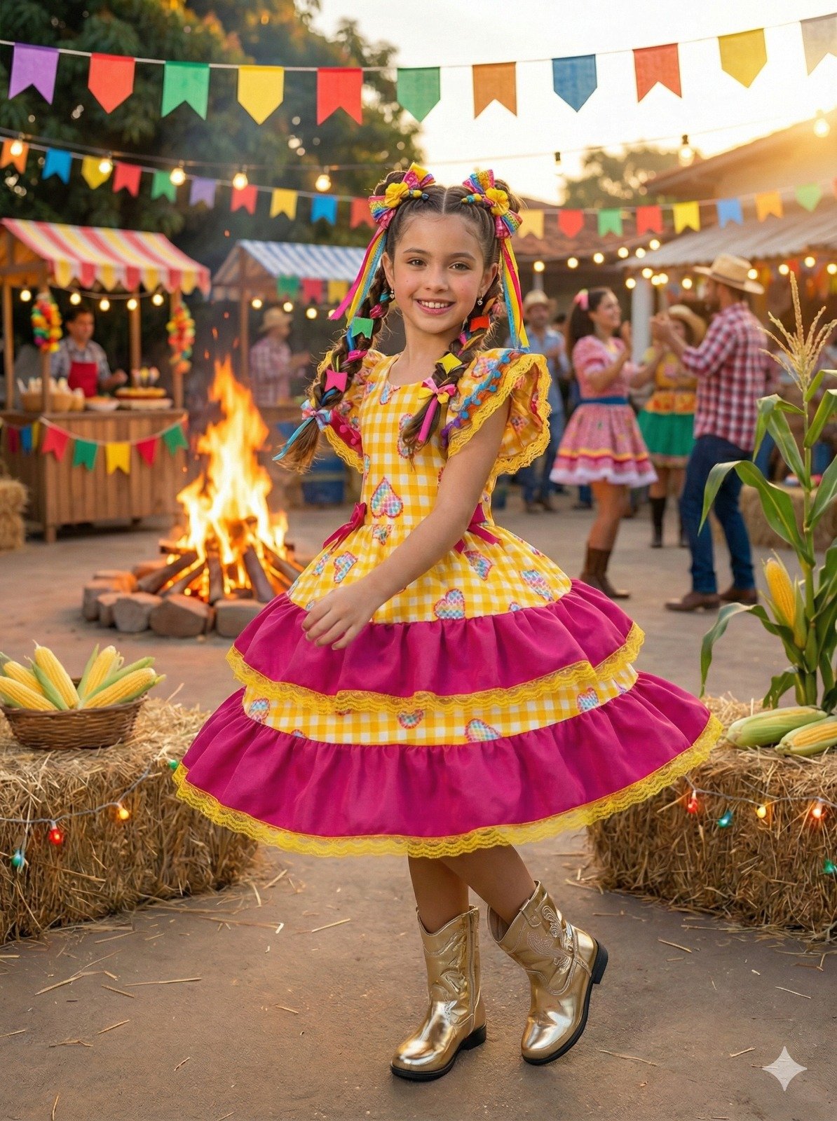 Vestido Junino Banana Club Luxo Coração Junino Amarelo - Imagem 3