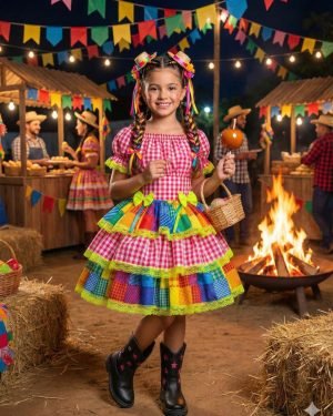 Vestido Junino Banana Club Luxo Quermesse do Sertão Pink