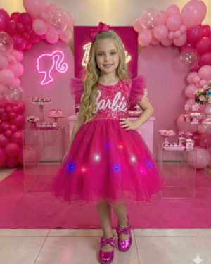 Vestido Ysa Kids Barbie Luxinho Pink Com led