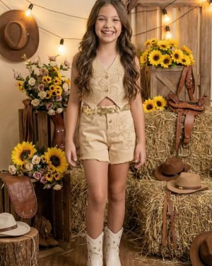 Conjunto Blogueirinha Boiadeira Estrelada Dourado