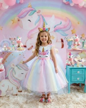 Vestido Mini Miss Temático Unicornio - Colorido - Arco iris
