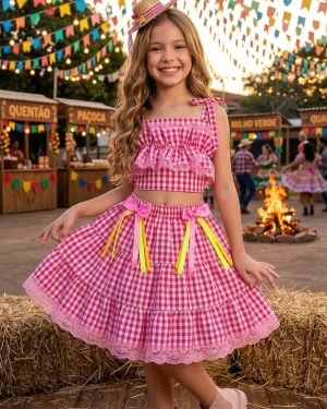 Conjunto Junino Banana Club Luxo Charme do Arraiá Rosa