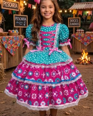 Vestido Bella Child Junino Arraiá Encanto do Interior Verde