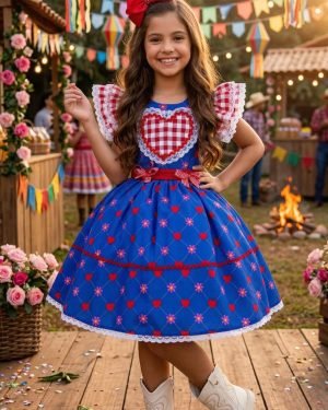 Vestido Mini Miss Junino Sertão Amor Caipira Azul Royal