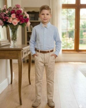 Conjunto Social Miss Cherry Henrique Azul Calça Bege