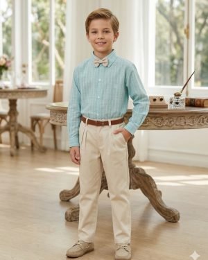 Conjunto Social Miss Cherry Henrique Verde Calça Bege