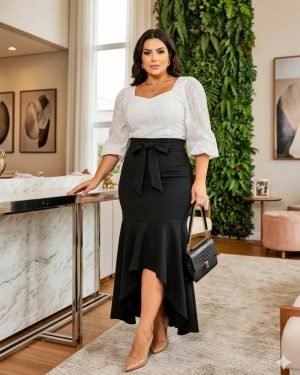 Saia Mullet Feminina Manu Ellas Plus Size Alta Preto