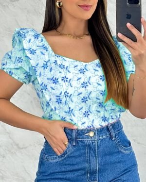Blusa Cropped Feminina Bordada Manu Ellas Modas Azul