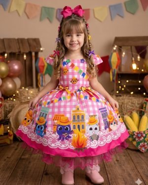 Vestido Junino Temáticos Kids Luxo Bolo Fofo Rosa