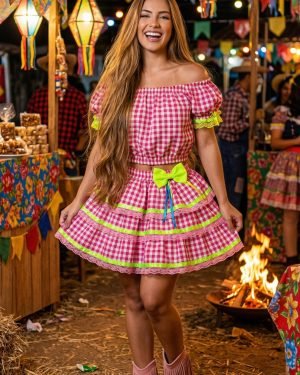 Conjunto Banana Club Junino Luxo Adulto Sofia Rosa