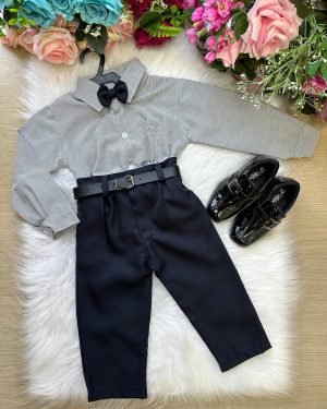 Conjunto Masculino Miss Cherry Social Listrado Com Calça Preto Caio