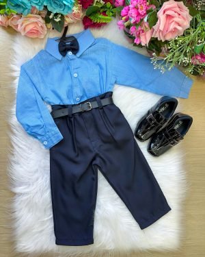 Conjunto Masculino Miss Cherry Social Azul Linho Com Calça Preto Henrique