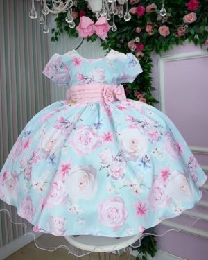 Vestido Ysa Kids Jardim Florido Elisa Azul Bebe