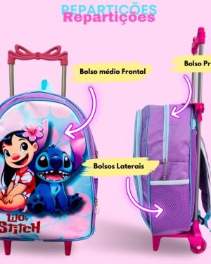 Kit Mochila Rodinhas + Lancheira + Estojo Lilo e Stitch